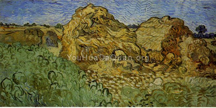 有两个麦垛的麦田 - 文森特·威廉·梵高